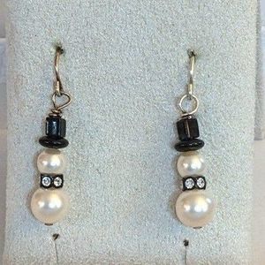 Dangle Drop Earrings - Black & White - Snowman with Sparkly Rhinestones